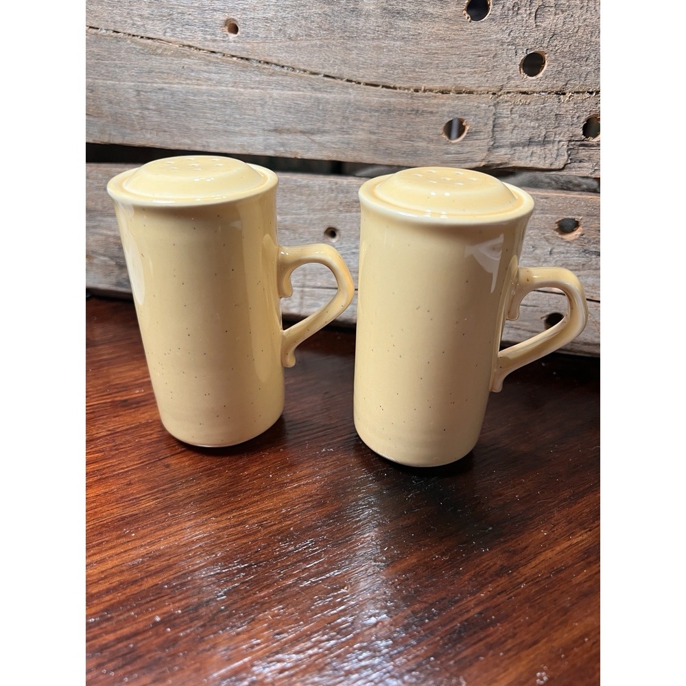 Vintage Yellow Speckled‎ Handled Ceramic Salt Pepper Shakers Cottage Core